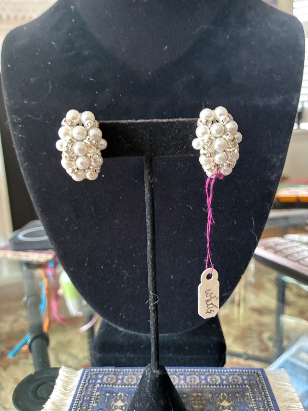 Cluster Pearl and Rhinestone Clip-On Earrings - Pearl White